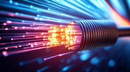 Neon energy pulses moving through fiber-optic cables, depicting ultrafast data transfer