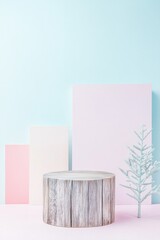 rustic podium made of weathered wood surrounded by muted pastel accents softly illuminated to highlight texture with