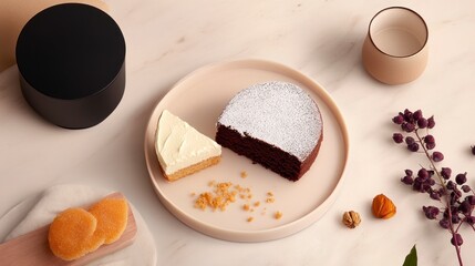 A handcrafted dark chocolate bar with a smooth texture, dusted with cocoa.Minimalistic design.
