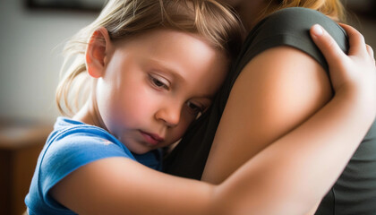 Extreme close up of a mother and child hugging tightly, with the child's face hidden in the mother's embrace, creating a tender and protective atmosphere.