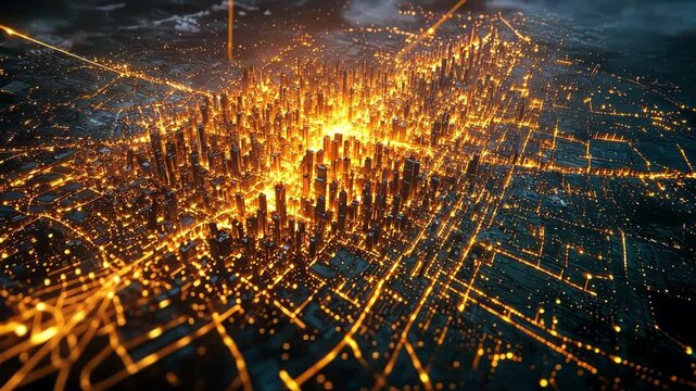 A pulsating city map that radiates light from wealthy areas and darkens as it moves toward impoverished zones with flowing streams of data illustrating population density and wealth