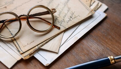 Fototapeta premium 빈티지 우편 엽서와 함께 올려진 둥근 안경, 클래식한 만년필