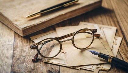 Fototapeta premium 빈티지 우편 엽서와 함께 올려진 둥근 안경, 클래식한 만년필