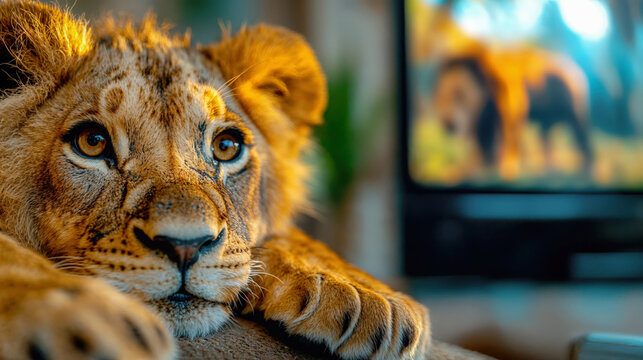 Curious Lion Cub Relaxing Indoors