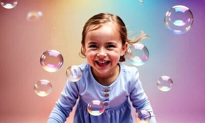 Sweet, happy, smiling girl and soap bubbles