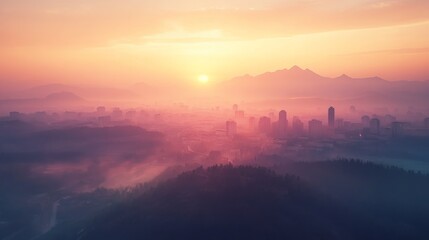 Fototapeta premium Golden City Dawn: A Serene Sunrise Over the Urban Horizon, Enveloped in Gentle Haze, with Distant Mountains Silhouetted Against a Warm Sky