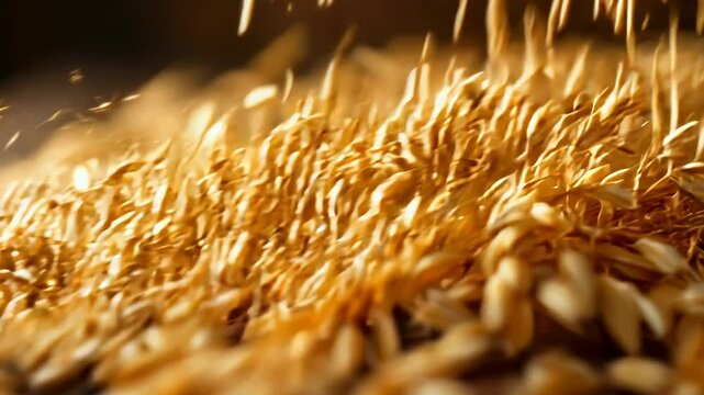 A pile of wheat and rice on a wooden table. The wheat is in the middle and the rice is on the left