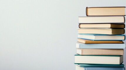 stack of diverse colorful books against simple background with ample copy space for text or graphics