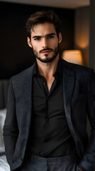 Obraz premium Handsome man, fashion photo for men's magazine, black shirt and gray suit 