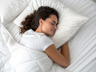 Obraz premium Top view of calm lady sleeping well on her back, resting, enjoying fresh cotton bedding, soft pillow and comfy mattress, copy space, banner