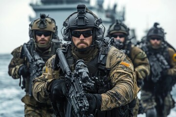 Fototapeta premium Armed soldiers advance across ocean waves.