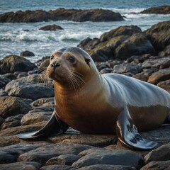 A sea lion basking on a rocky shore.