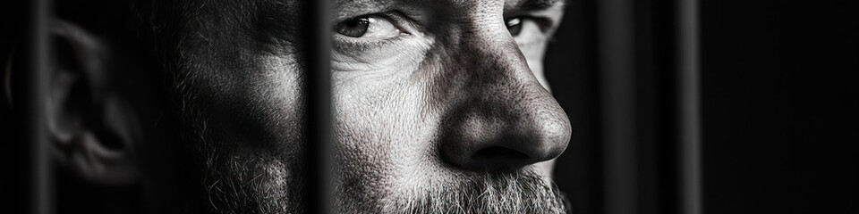 Black and White Portrait of Man Behind Bars