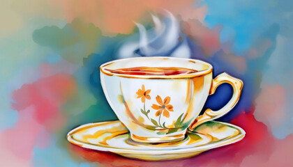 Extreme close up of a watercolor cup of tea, steam rising from it in soft watercolor swirls, with a flower resting on the saucer in delicate strokes.