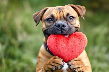 Obraz premium Digital ads furry friend visual pattern. Cute boerboel canine with fluffy red heart on a walk in a spring park. Boerboel - my preferred dog, symbol of friendship. Valentine's day pet joy.