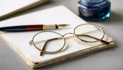 Fototapeta premium 빈티지 우편 엽서와 함께 올려진 둥근 안경, 클래식한 만년필