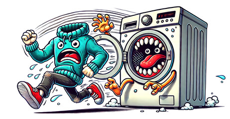 Obraz premium Animated laundry machine chasing two cartoon characters in a humorous scene