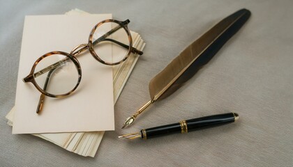 Fototapeta premium 빈티지 우편 엽서와 함께 올려진 둥근 안경, 클래식한 만년필