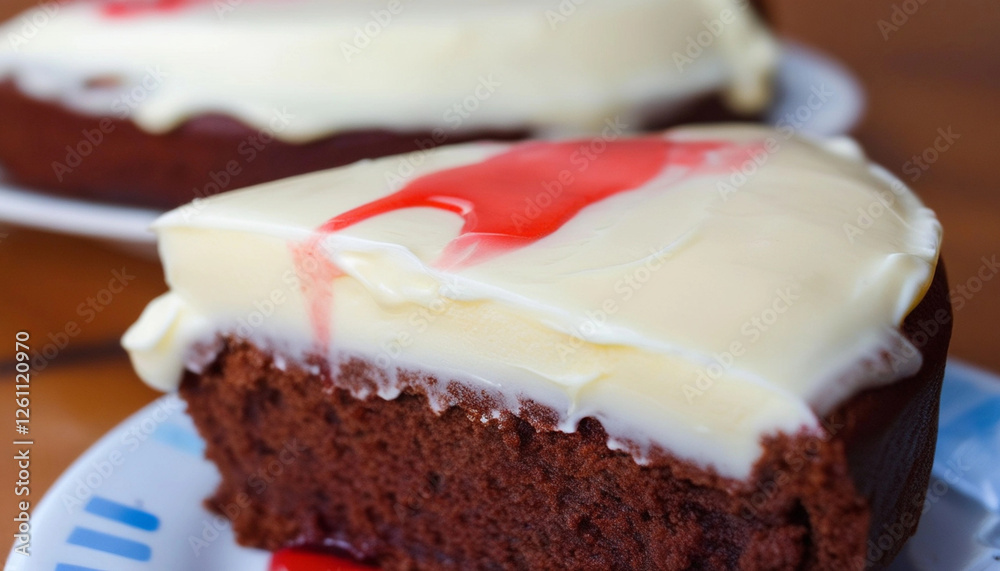 Poster Extreme close up of a slice of cake, with a hidden layer of soap underneath the frosting, caught just before the first bite.