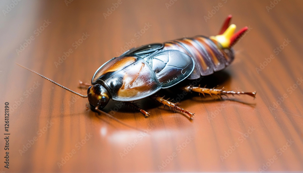 Wall mural Extreme close up of a large rubber cockroach placed on a desk or bed, with the victim about to discover the joke.