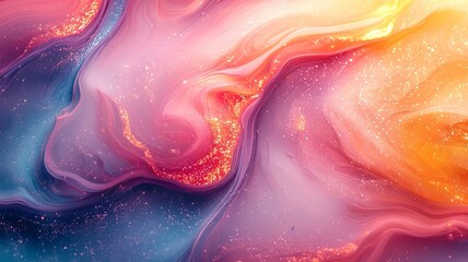 Obraz premium Vibrant abstract swirl of pink, orange, and blue hues with shimmering textures, perfect for backgrounds, art projects, or modern design themes.