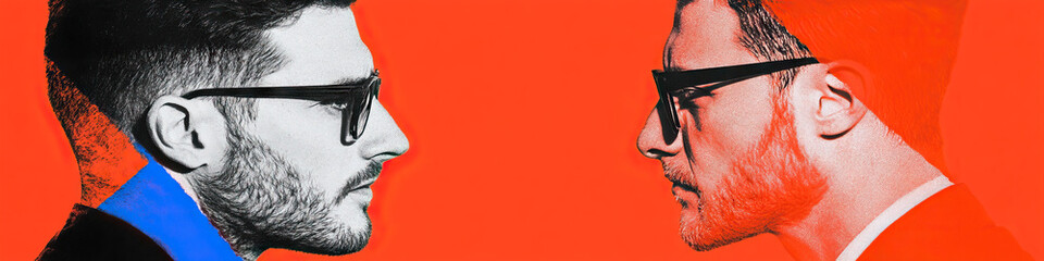 Profile Portraits of Two Men with Glasses Against Orange Background