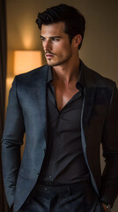 Obraz premium Handsome man, fashion photo for men's magazine, black shirt and gray suit 
