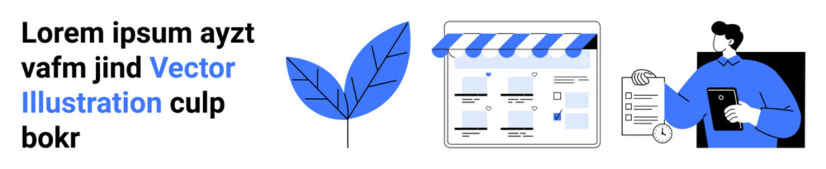 Man with clipboard, blue leaf graphic, storefront interface with calendar, and lorem ipsum text. Ideal for business planning, website design, management, organization, presentation marketing