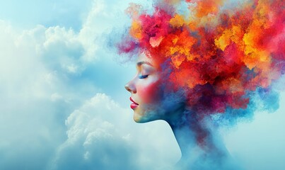 Fototapeta premium Colorful portrait serene woman dreamy cloudscape