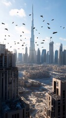 Fototapeta premium Birds fly over Dubai's skyline; urban development