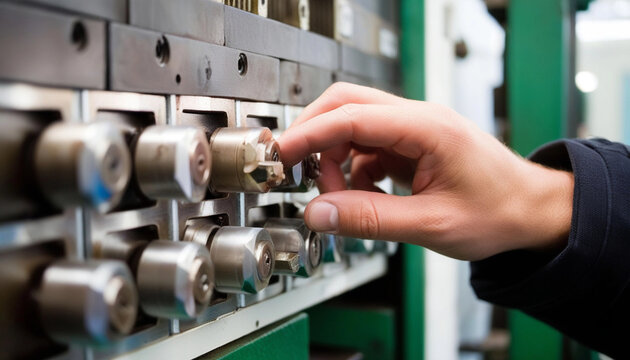 Extreme close up portrait of a hand adjusting machinery, with a focus on the precision and skill needed in the industrial field.