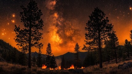 Fototapeta premium Night Sky Fire Wildland Forest Trees Milky Way