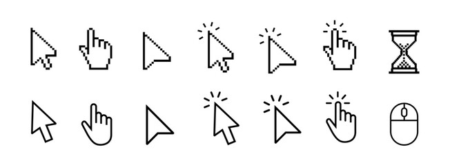 Computer mouse click cursor arrow icons set with hand pointers, clicking effects, and loading symbols. Ideal for web design, user interface, and digital applications. Vector illustration.