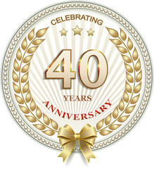 40 years anniversary celebration, greeting card, festive background with jubilee numerals with stars and laurel wreath, birthday card, icon. Vector illustration