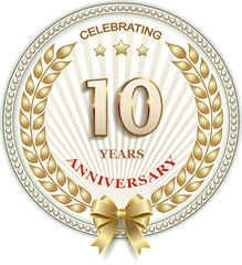 10 years anniversary celebration, greeting card, festive background with jubilee numerals with stars and laurel wreath, birthday card, icon. Vector illustration