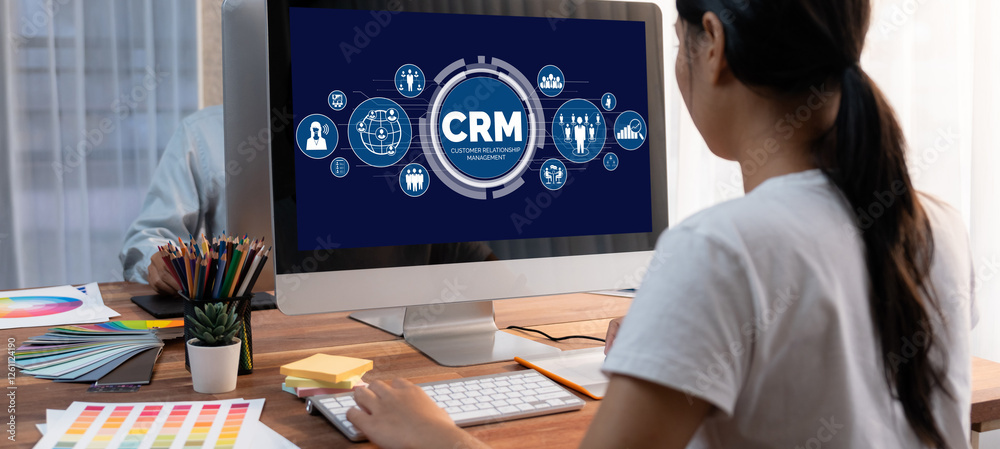 Poster customer relationship management system on brisk computer for crm business and enterprise