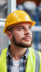 Extreme close up portrait of a construction worker wearing a hard hat, looking up at scaffolding with pride, sweat glistening on their forehead.