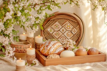 Orthodox Easter Bread Displayed on a Wooden Table With Candles and Spring Blossoms in Soft Natural Light