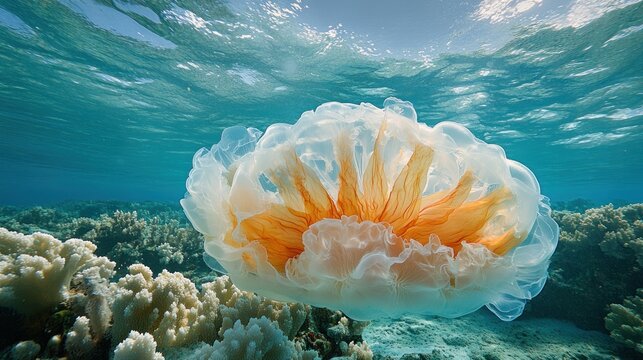 Orange and white jellyfish floats near coral reef