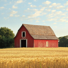 Obraz premium a rustic red barn sitting in a wheat field, real photography
