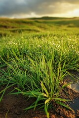 Obraz premium Dew-kissed grass glows golden under sunrise.