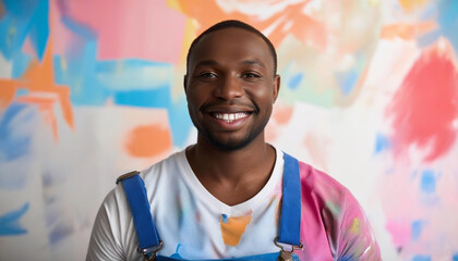 Extreme close up portrait of a painter standing proudly in front of a newly painted wall, their face full of joy and bright paint splatters on their clothes.