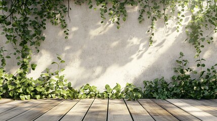 Fototapeta premium Sunlit Wall Vines Wooden Deck Peaceful Setting