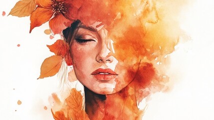 Autumnal woman, watercolor portrait, serene face, floral crown, fall background