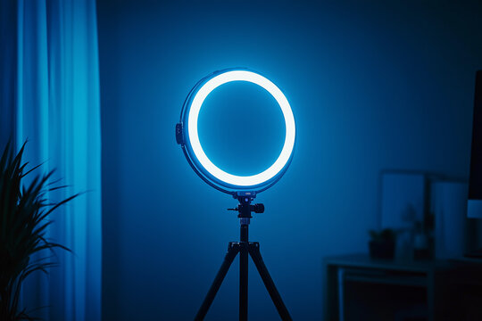 Bright circular ring light illuminating a cozy home setup perfect for streaming or content creation in a dimly lit room