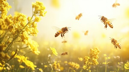 Obraz premium Several bees collecting nectar from yellow flowers, soft sunlight filtering through green foliage