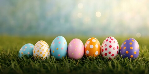 Colorful painted easter eggs celebrating a happy spring outdoor garden still life bright atmosphere close-up view