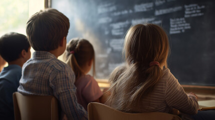 Fototapeta premium A group of young children sitting in a vintage-style classroom, dressed in old-fashioned clothing, attentively learning. 