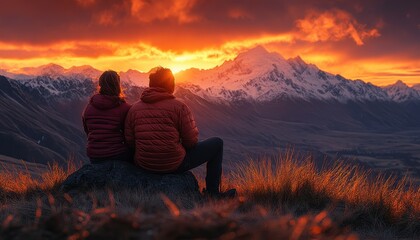 Obraz premium Couple enjoys a breathtaking sunset view over mountains and valleys in a remote location during the evening