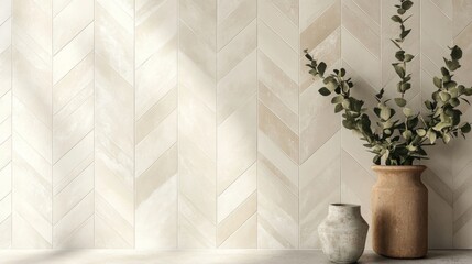Beige chevron tile wall, vase, plants. Interior design inspiration